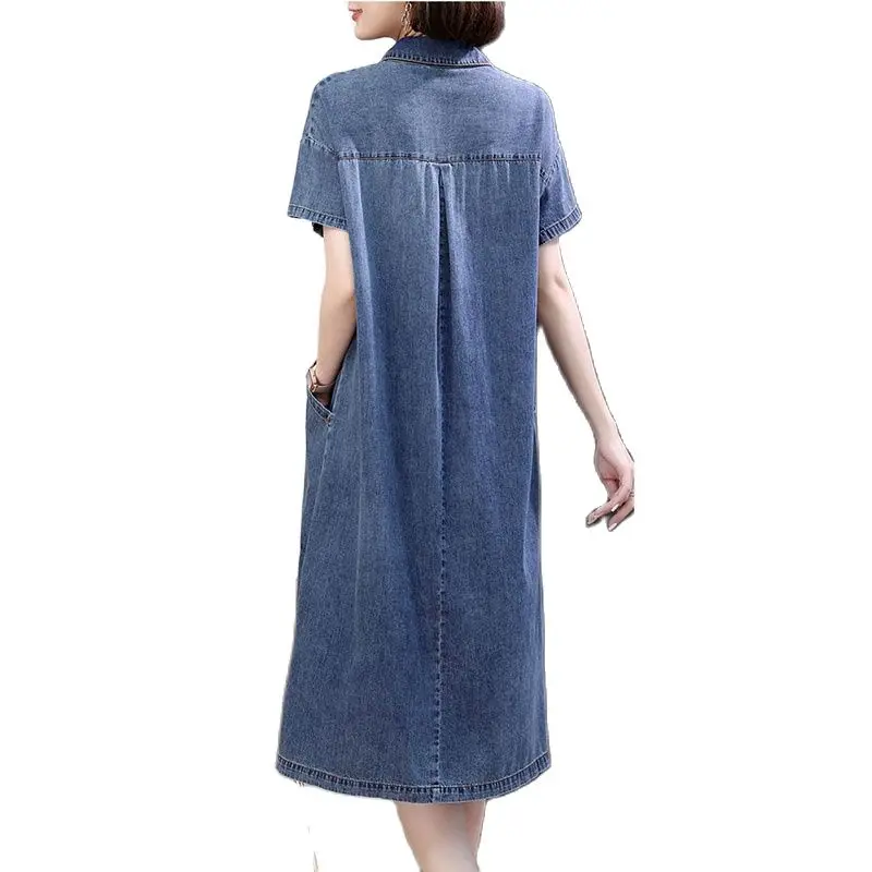 Plus Size Female Denim Dress Summer A Line Short Sleeve Casual Dresses Fashion Long Pullover Dresses Womens Office Clothing 3XL