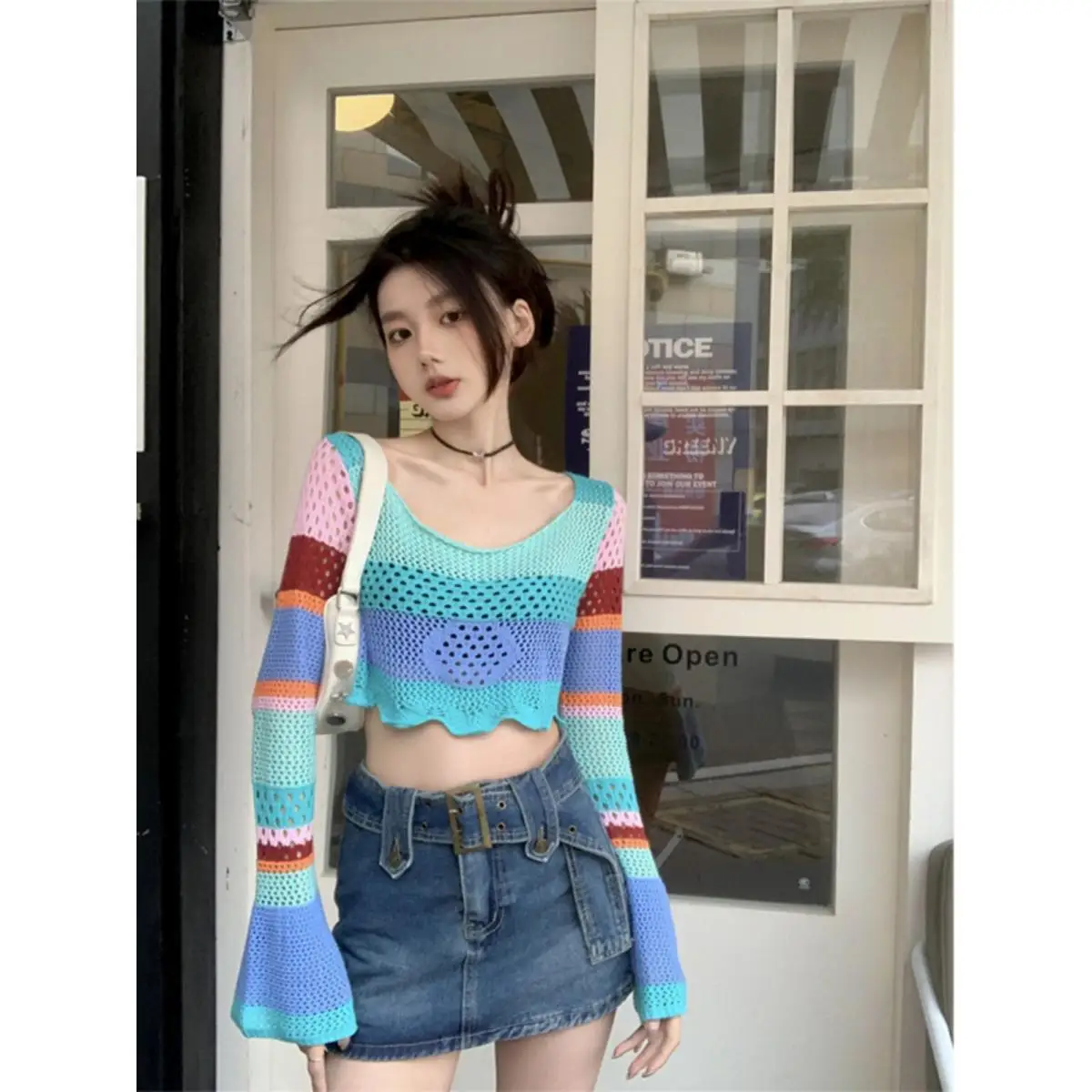 

Contrast Color Hollowed-out Short Crop Top Knitted Sweater Fashionable Hot Girl Slim-Fitting Sun Protection Top