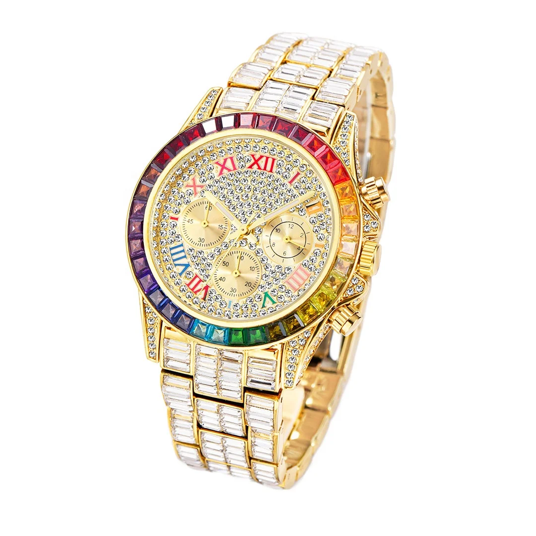 

MISSFOX Luxury Bling Hip Hop Gold Iced Out Watch Chronograph Quartz Rainbow Diamond Watches Men Wrist