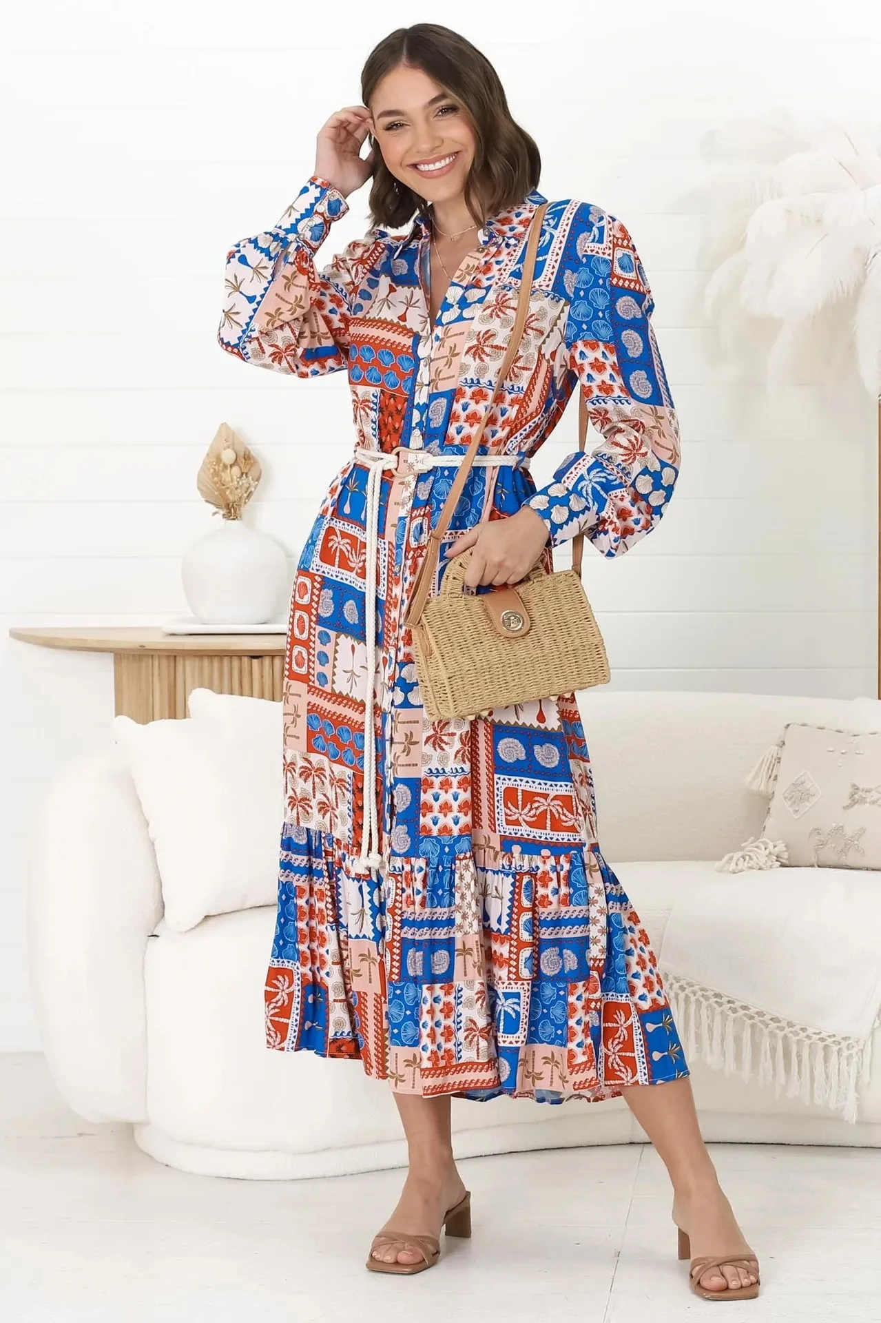 

Leisure fashion printing long-sleeved shirt dress belt