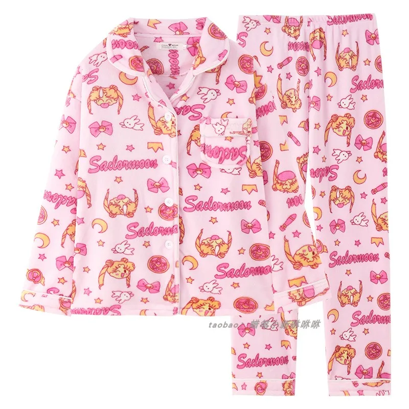 Kawaii Pajamas Set For Women Winter Warm Flannel Sleepwear 2 Pieces Anime Pijama Mujer School Girls Roomwear Harajuku Nightgown