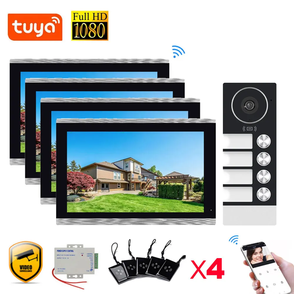 TUYA-Visiophone Wi-Fi avec Écran Tactile 1080P de 10 Pouces, Interphone Vidéo avec Moniteur et Carte de Balayage, Déverrouillage pour 2 /3/4 Appartement Familial