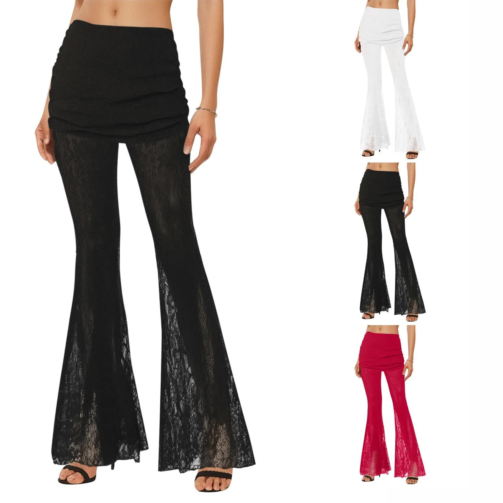 2025 Pantaloni svasati in rete velata di pizzo di nuova moda Pantaloni lunghi elastici a vita alta Pantaloni da strada slim stile semplice da donna di Halloween