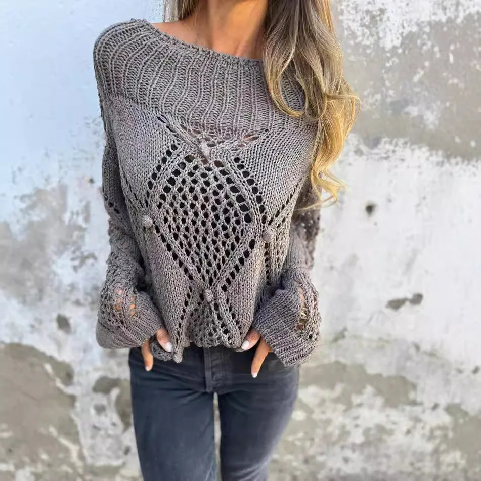 

Womens Y2K Crewneck Crochet Lace Long Sleeve Hollow Out Cable Knit Sweaters Pullover Tops Openwork Lace Knit Sweater