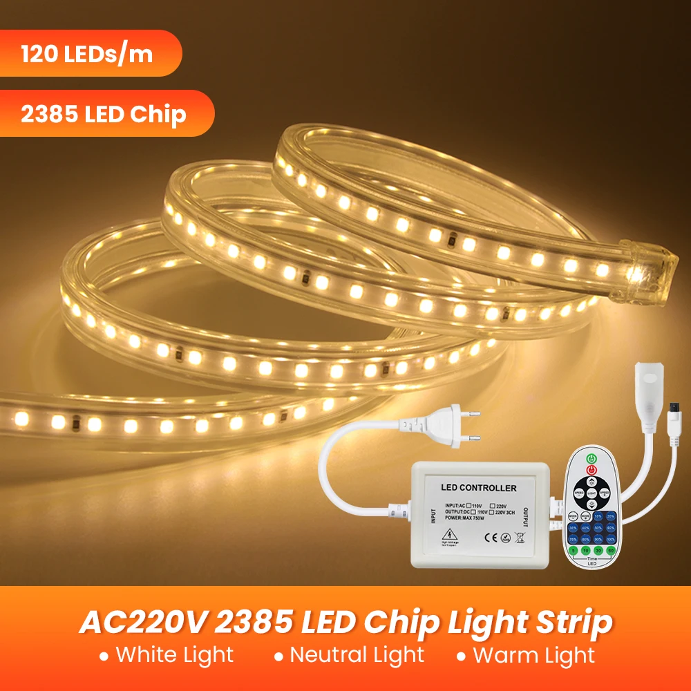 

110V 220V LED Strip Light 2835 120Leds/m Dimmable LED Tape 23Key Remote Control Flexible LED Lights Outdoor Waterproof Ribbon