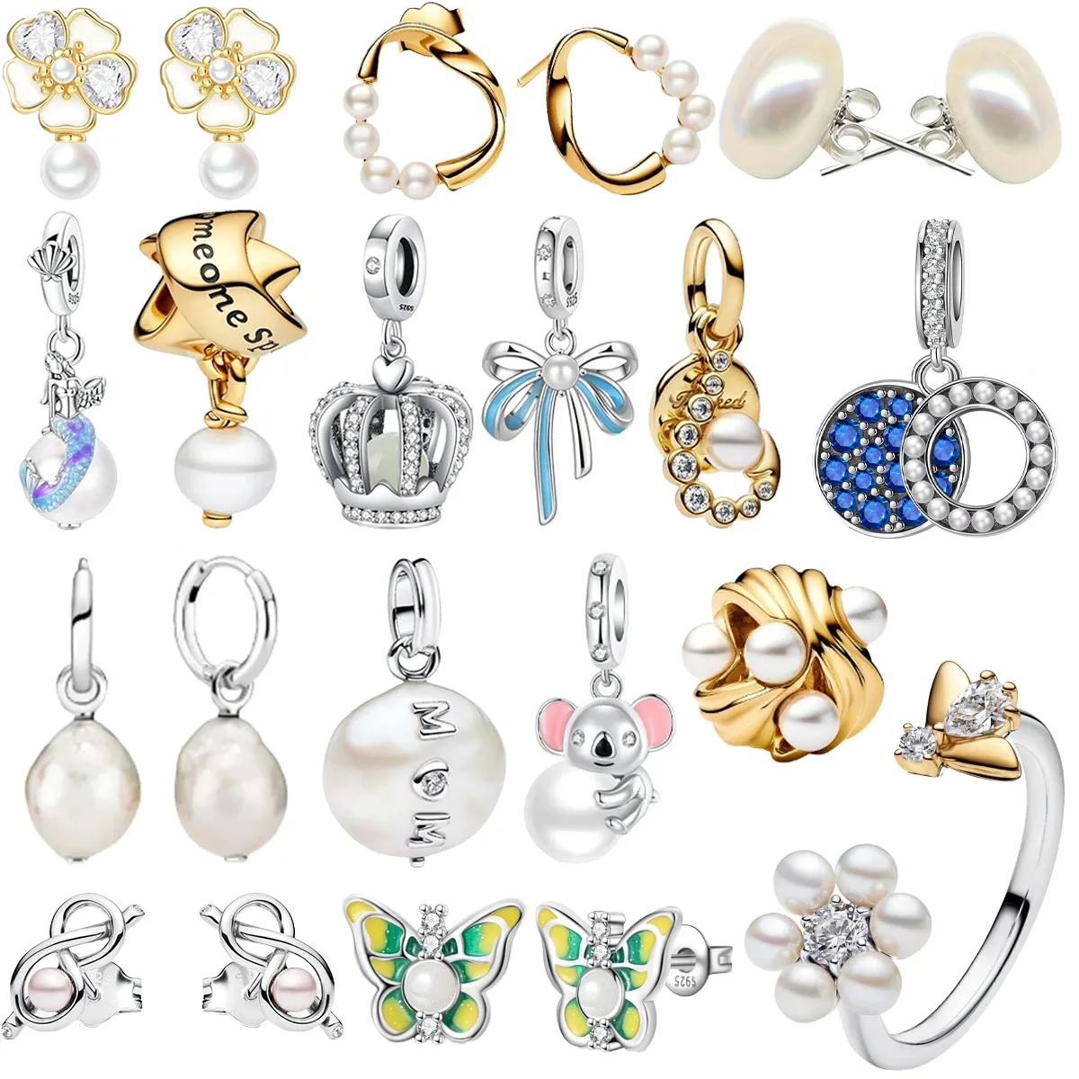 

Новый оригинальный комплект из стерлингового серебра 925 пробы с жемчугом, подвески, кольцо, сердце, цветок, серьги, кулон из бисера, подходит для браслета, ожерелья, ювелирных изделий, подарок