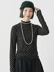 IMAKOKONI original design polka dot long sleeved slim fit black round neck pullover thin top for women 244783