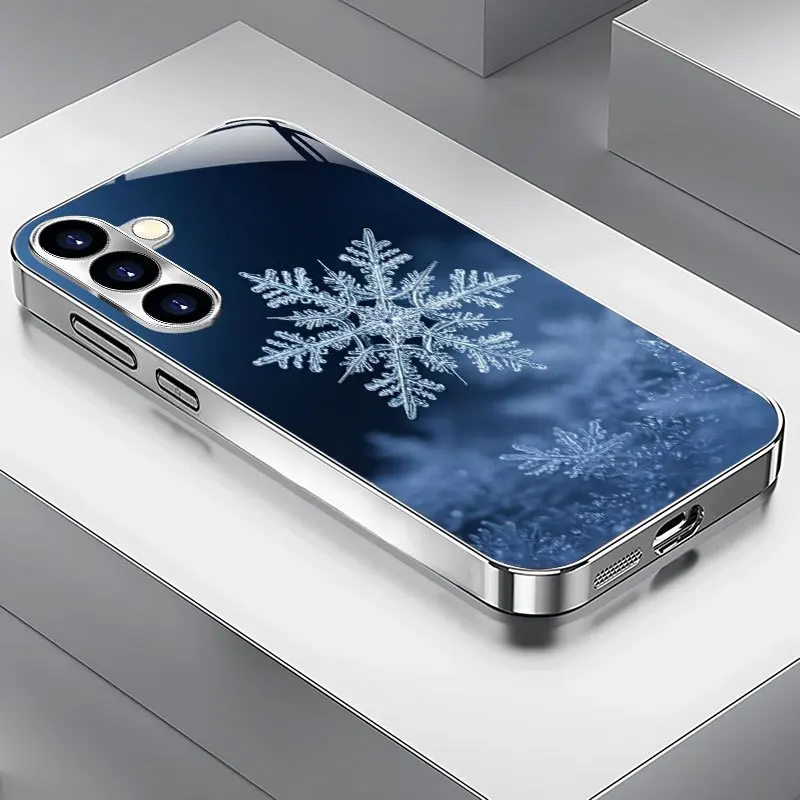 Transparent snowflake fresh pattern electroplated silver tempered glass phone case for Samsung Galaxy S25/S24/S23/S22/S21/S20