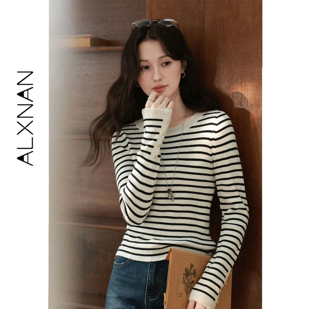 ALXNAN Striped Knit Pullover Women Autumn Elegant Wavy Ruffle Design Sweater 2026 Elegant Fashion Casual Vintage Knitwear L68165