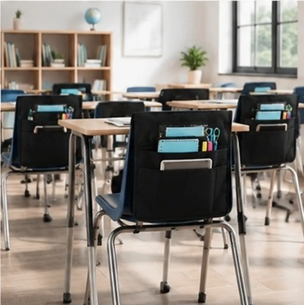 School Chair Back Organizer Black Oxford Cloth Classroom Chair Pockets for Kindergarten Students Seatback Storage Bag
