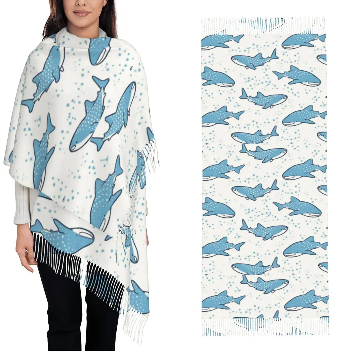 Starry Whale Sharks Scarf for Womens Fall Winter Shawl Wrap Ocean Blue Sea Long Shawl Scarf for Evening Dress