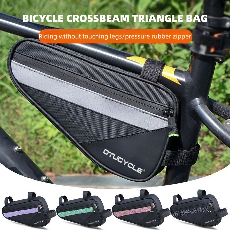 Dtucycle Bicycle Frame Triangle Bag, with Geometric Luminous Strips, Designed to Fit the Frame Space, Prevents Leg Rubbing and Shaking during Riding, Three-Point Strap Installation Ensures Stability, and Is Easy to Disassemble and Assemble. The Large Main Compartment Can Store Items Such as Mobile Phones and Tools, and the Back Side Features an Additional Mesh Pocket for Expanded Storage. the Rubberized Zipper Is Smooth and Durable.
