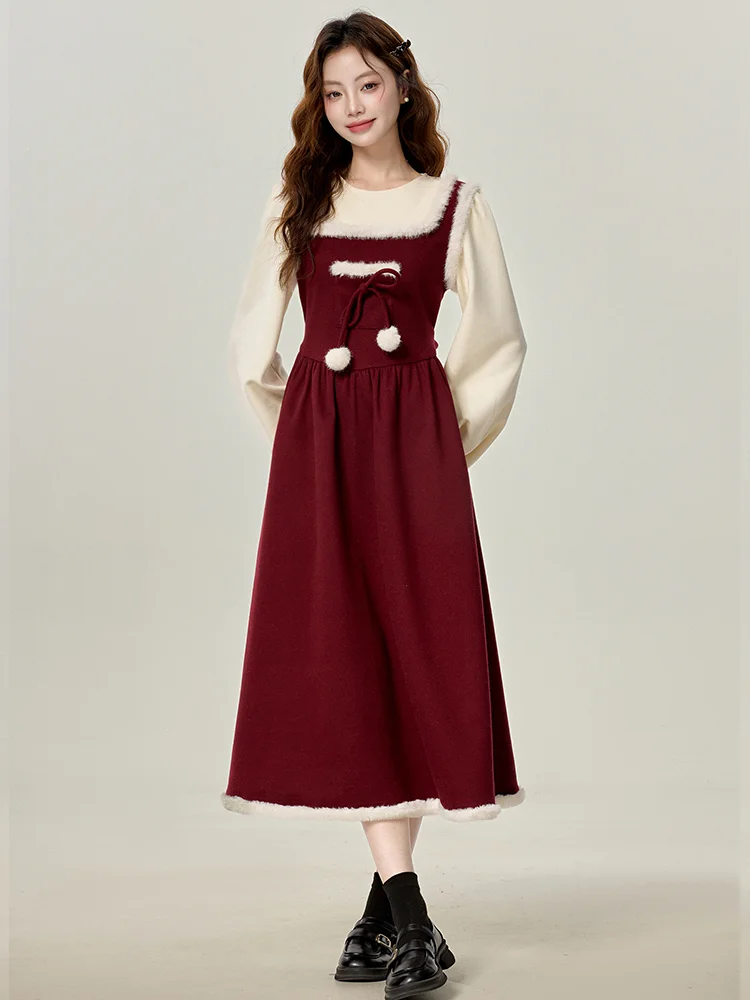 

Красное зимнее женское платье-двойка из искусственной кожи с меховым воротником, новинка, коллекция Aosphere, стиль A-Lin...