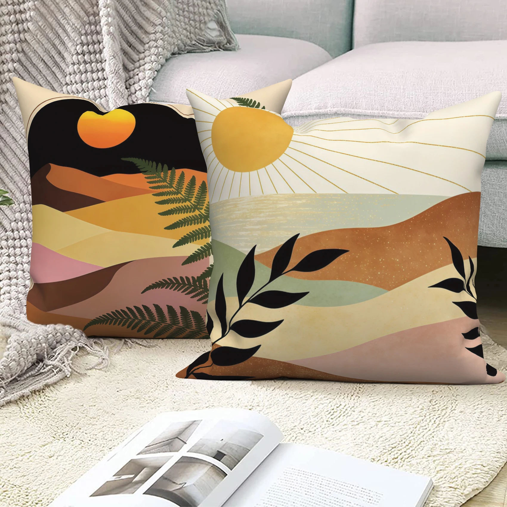 Bohemian Abstract Nature Pillow Covers 4 Pack Minimalist Sun Mountain Polyester Linen Pillowcases  for Bedroom Living Room Decor