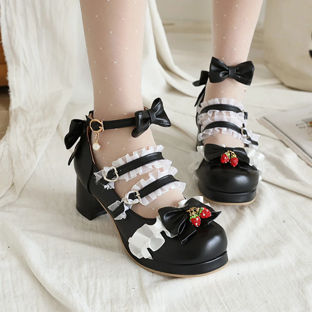 Lolita Shoes Japanese Style Cute Bow Lace Strawberry High Heels Spring Summer Round Toe Women Girls' Pumps Casual Heel Shoes