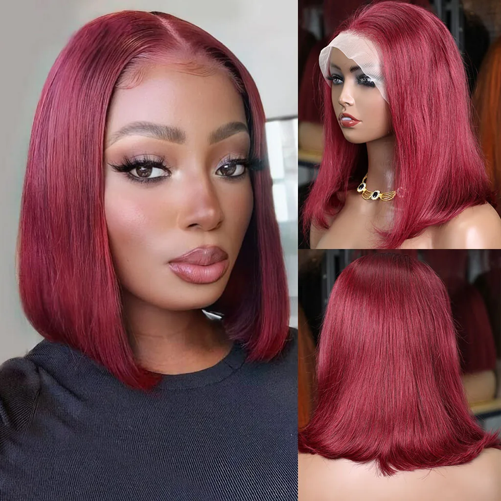 99J Burgundy Bone Straight Short Bob Wigs Brazilian Transparent 13x4 Lace Frontal Human Hair Wigs 200% Density For Black Women