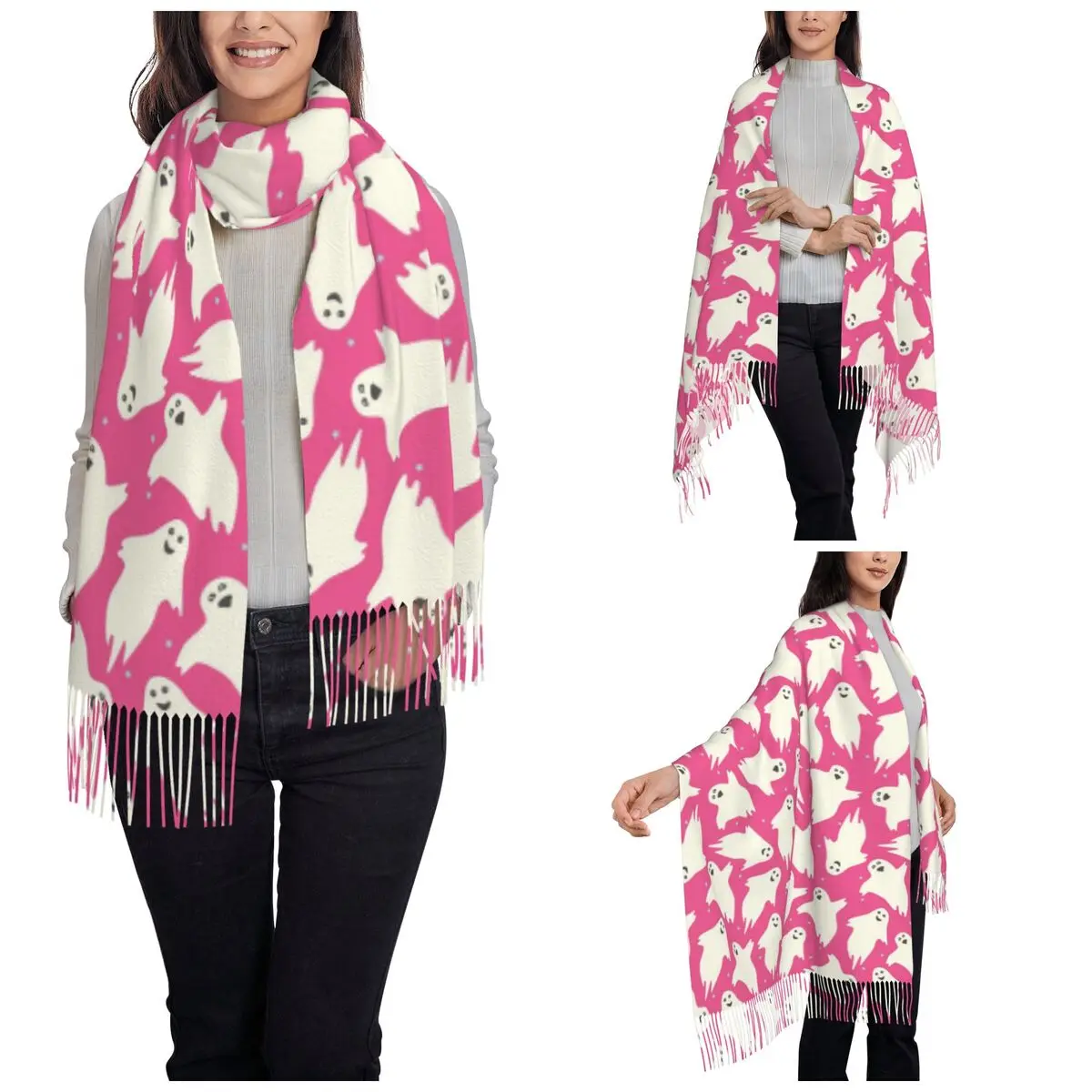 Women's Scarf with Tassel Pink Ghosts Spooky Pattern Single-sided Pattern Super Soft Shawl Wrap Halloween Gifts Pashmina Scarves