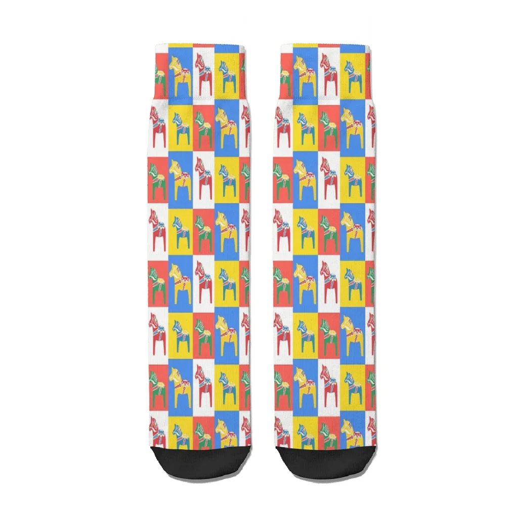 Dala Horses Dalarna Squares Sweden Horse Dalecarlian Swedish Colorful Dala Host  Straight Socks  Mens Women Autumn Stockings