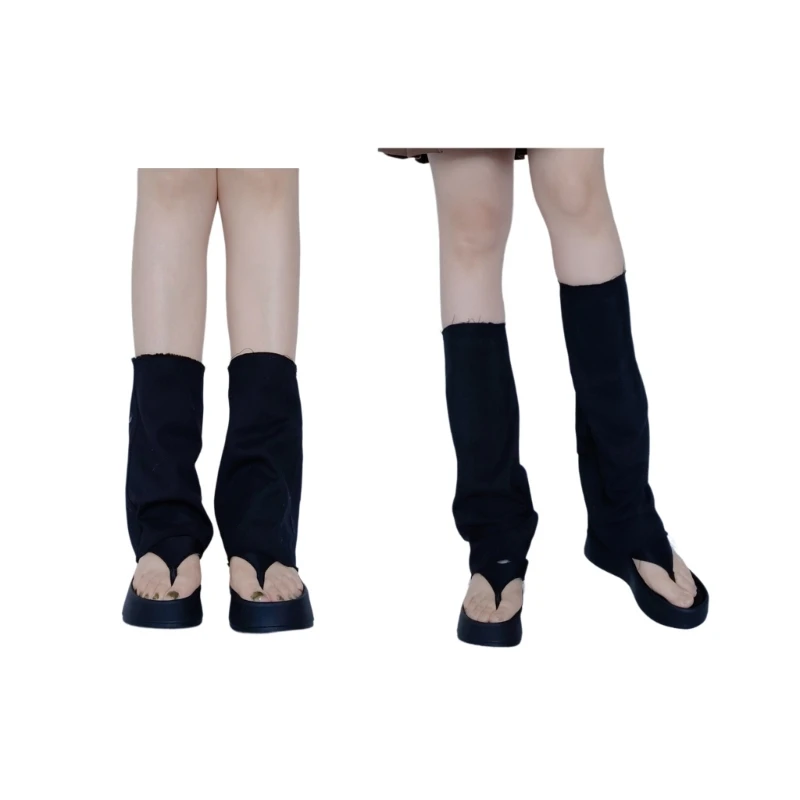 Women Punk Leg Warmer with Distressed Solid Denims Leg Sleeve Long Socks