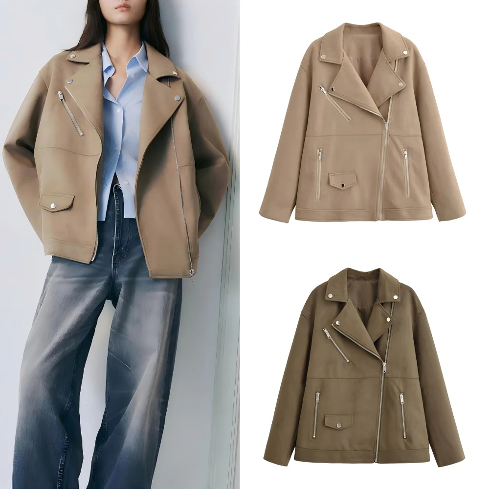 

Women's New Fashion loose suede Faux Leather lapel jacket Coat retro long sleeved zipper pocket women's Coat chic top