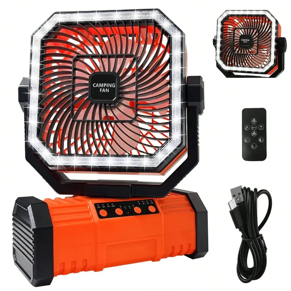 

Портативный кемпинговый вентилятор с LED-фонарем и купольным освещением, работающий от перезаряжаемой батареи, с пультом дистанционного управления для палаток и использования на открытом воздухе.