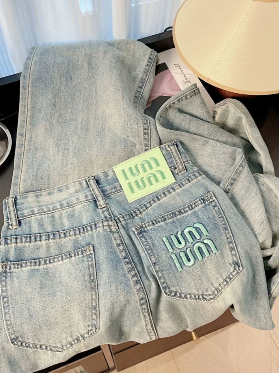 Sommer Dünne Mint ein Farbe Blo Hohe Taille Lose Fit Gestickte Denim Jeans frauen Breite Bein Hosen Abnehmen wirkung