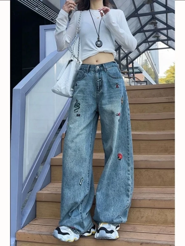 

Мужские джинсы больших размеров 300 Pou, модные, с вышивкой, свободные, широкие, с зауженным низом, универсальные, повседневные, весна-осень