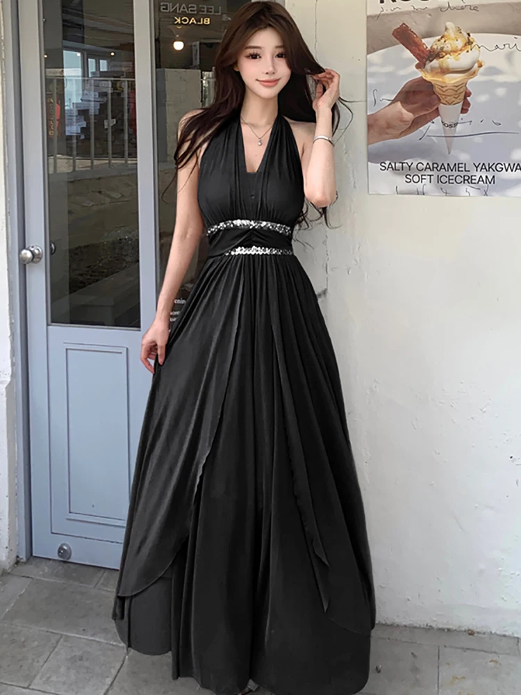 Damska Różowa Elegancka Sukienka Maxi z Cekinami, Luksusowa, Seksowna, Letnia, Elegancka, Codzienna, Koreańska Sukienka Wieczorowa w Stylu Vintage na Ramiączkach, 2025