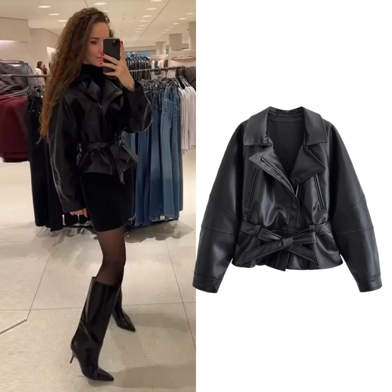 Tidalyf 2025 معطف نسائي قصير من الجلد معطف أسود بسحاب أمامي بحزام خصر نحيف ملابس خارجية أنيقة للخريف