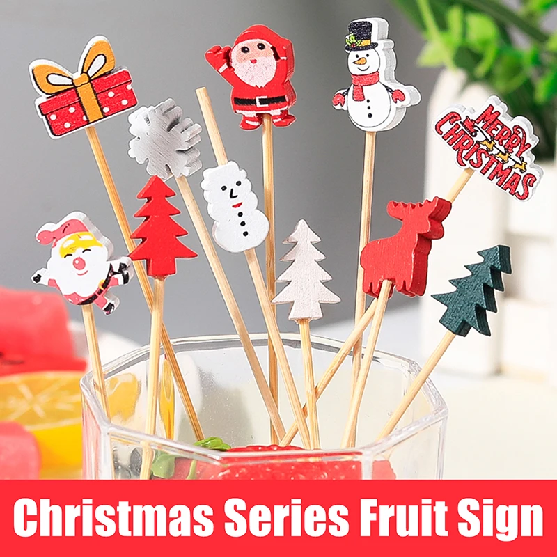 100pcs Christmas Fruit Stickers Santa Claus Snowman Xmas Tree Disposable Bamboo Sticks Merry Christma Cupcake Cake Decor 2024