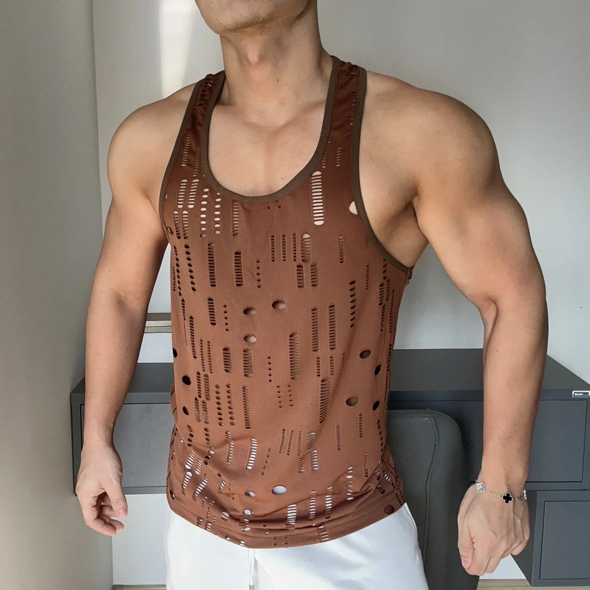 Sexy Kam Shoulder Perforated Hollow Tank Top with Thin Shoulder Straps Digging Back Sleeveless Sport Fitness Muscle Building Men