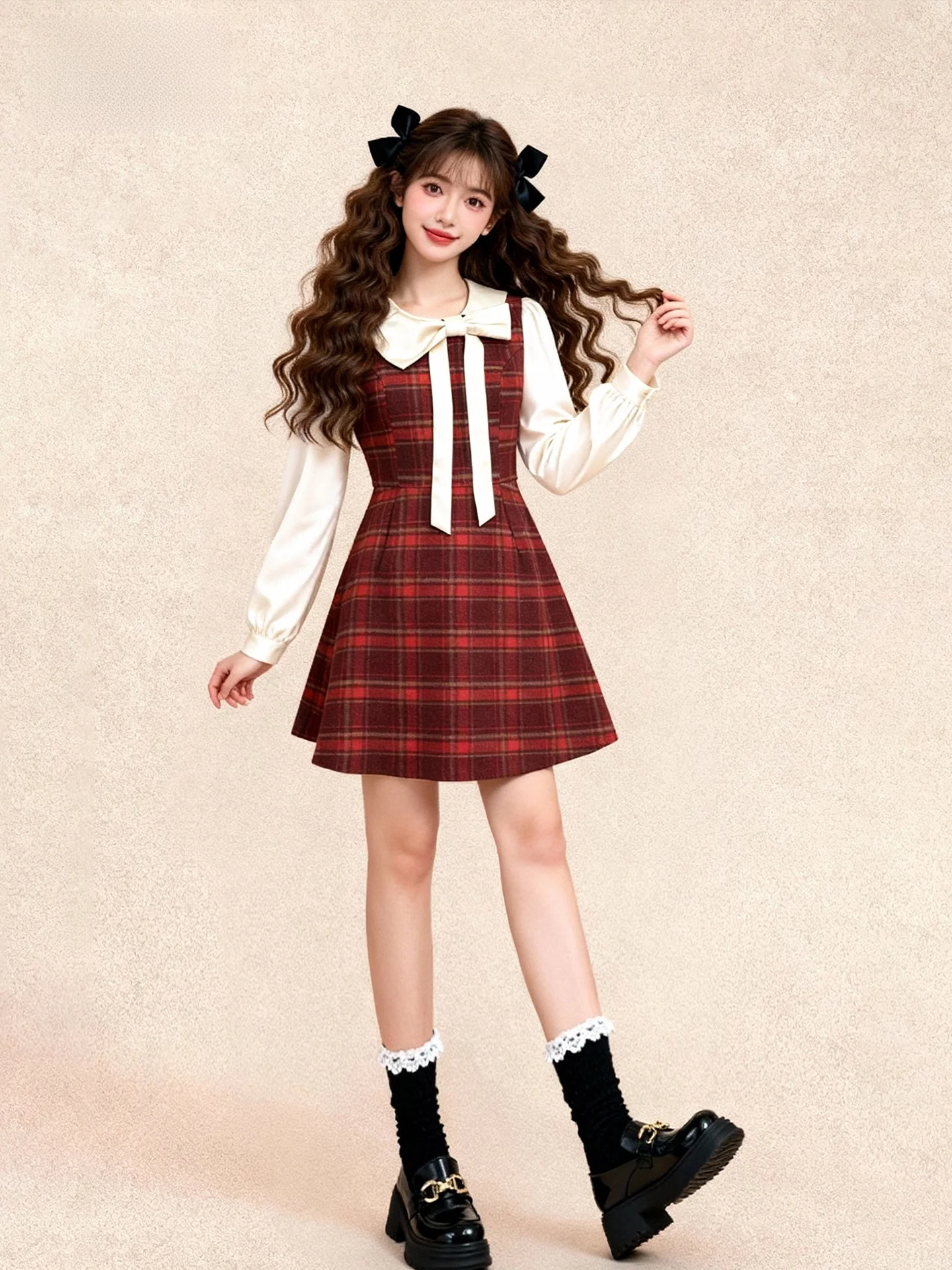 

Red Plaid A-Line Dr Chuchu Home Autumn Winter Inner Wear Base Small Princ Sle Very Beautiful Dr Polyester Fiber