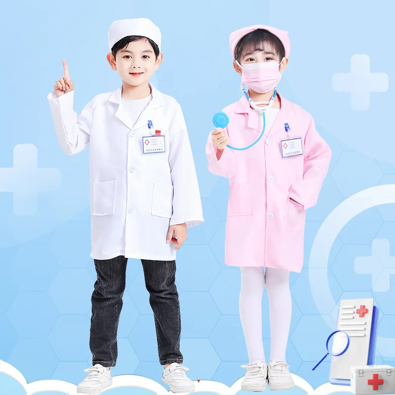 Kids Doctor Coat Boys Girls Nurse Uniform Set Surgeon Halloween Cosplay Costume Surgical Veterinary Lab Coats Gown Hat Set