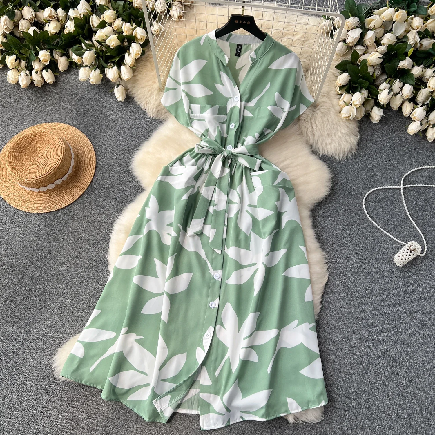 Summer Women Printed Midi Dress Vintage V-Neck Bandage Vestidos Female Elegant Pockets Single Breasted Robe Beach Vacation New