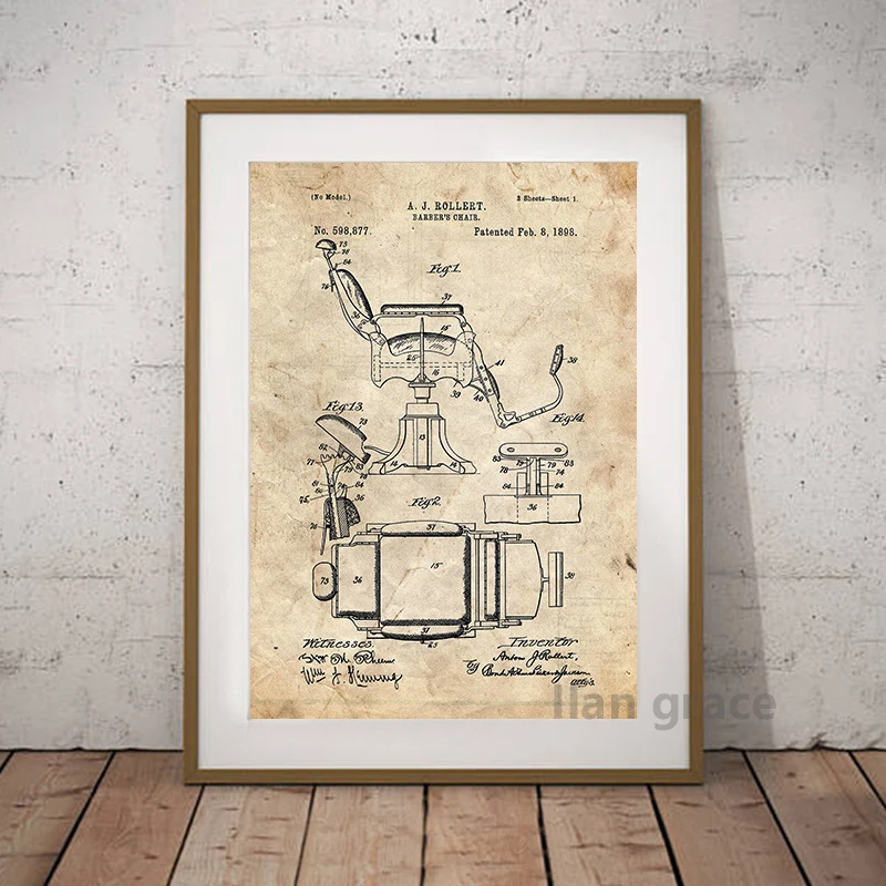 Barber Patent Blueprints Vintage Posters Canvas Prints ,Shaving Brush, Scissors Barber\'s Pole, Cutthroat Razor Barbershop Decor