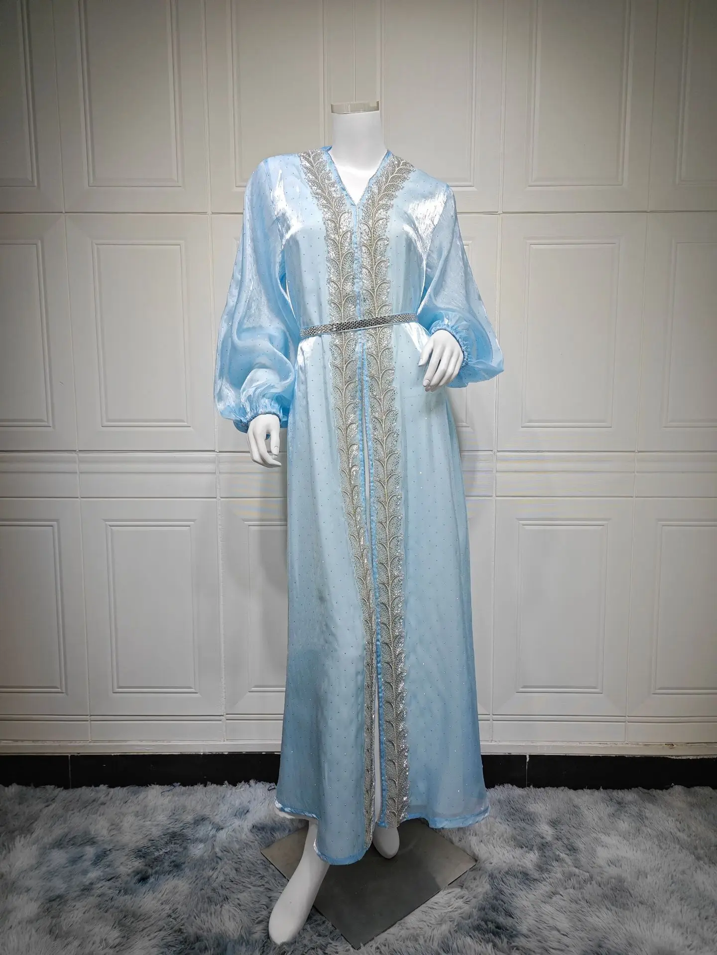 Eid Muslim Abayas für Frauen Party 2-teiliges Set Satin Diamant Strickjacke Robe Kleid Marokko Kaftan Islam Ramadan Dubai Vestidos Kleid