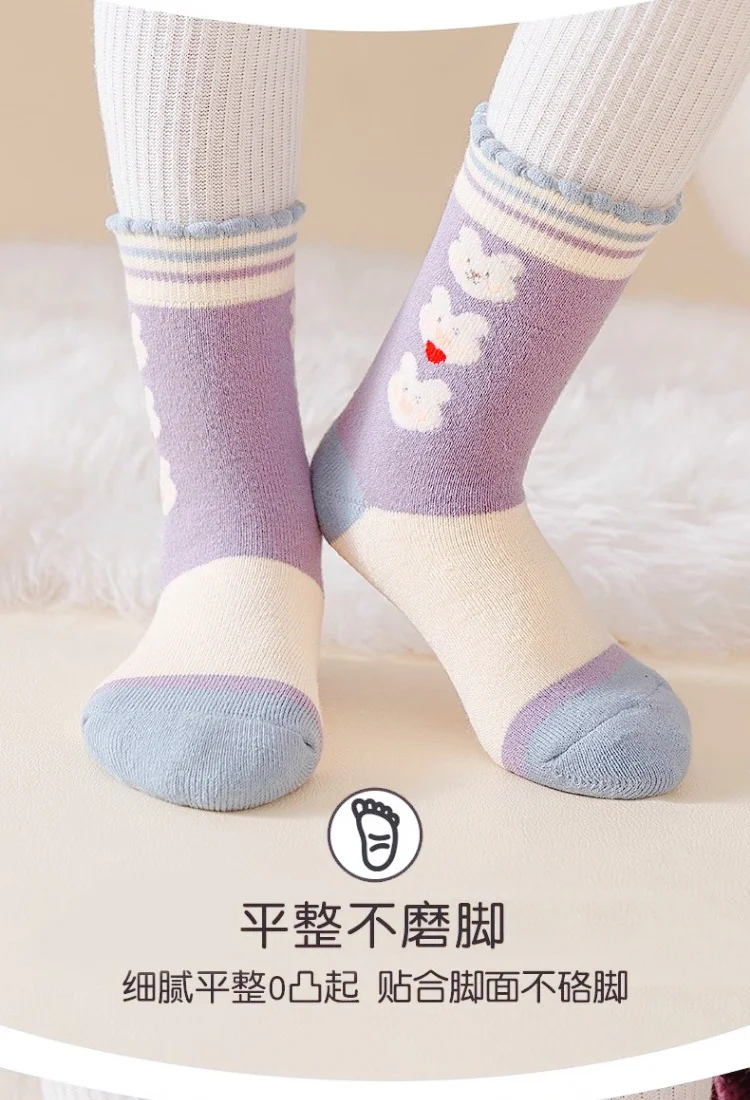 Wintersocken für Mädchen, dicke Baumwolle, warme Socken, kleine große Mädchen, florale Hasensocken, 5 Paar/Beutel, wadenlange Thermo-Frottee-Socken für Babys – Detail 7