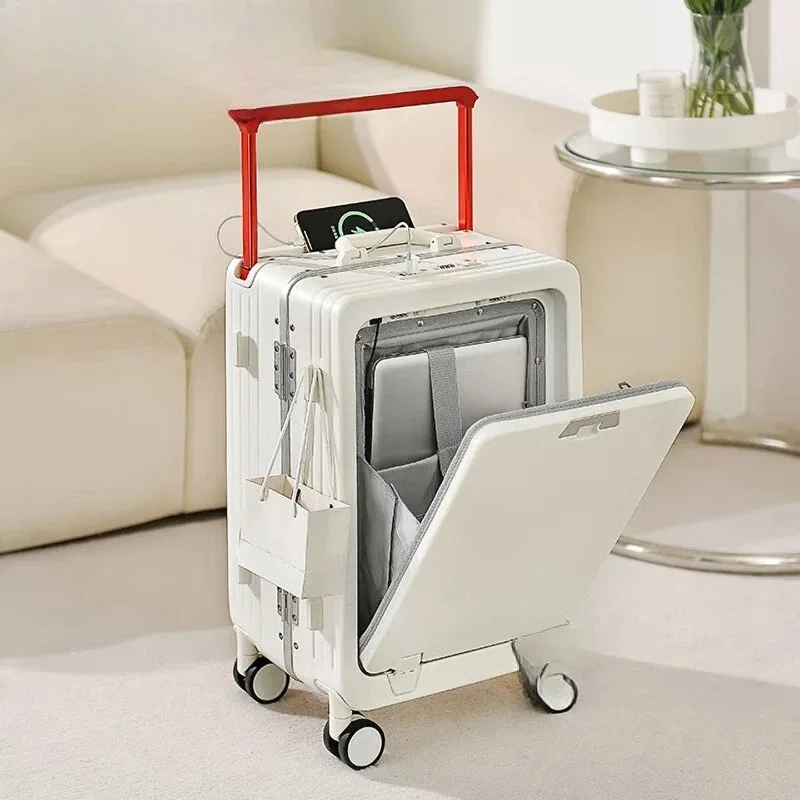 

combination lock, large-capacity trolley case, water cup holder, wide trolley suitcase, elegant white 20 inches