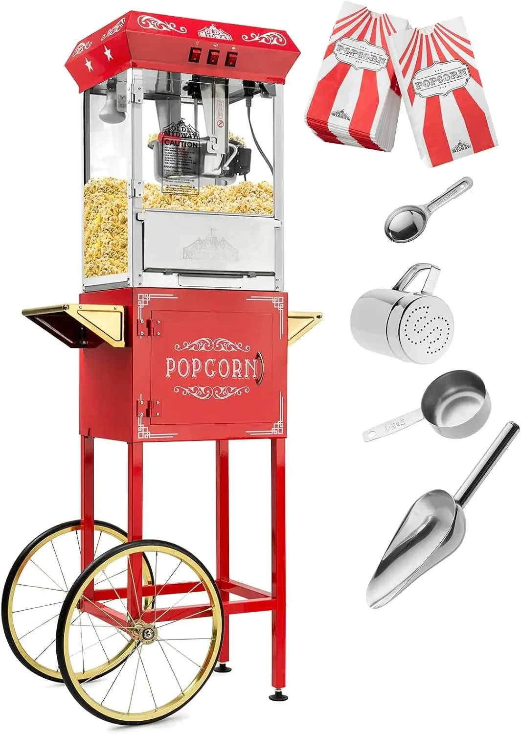 Midway Vintage Style Popcorn Machine Maker Popper พร้อมรถเข็นและกาต้มน้ํา 10 ออนซ์ - สีแดง