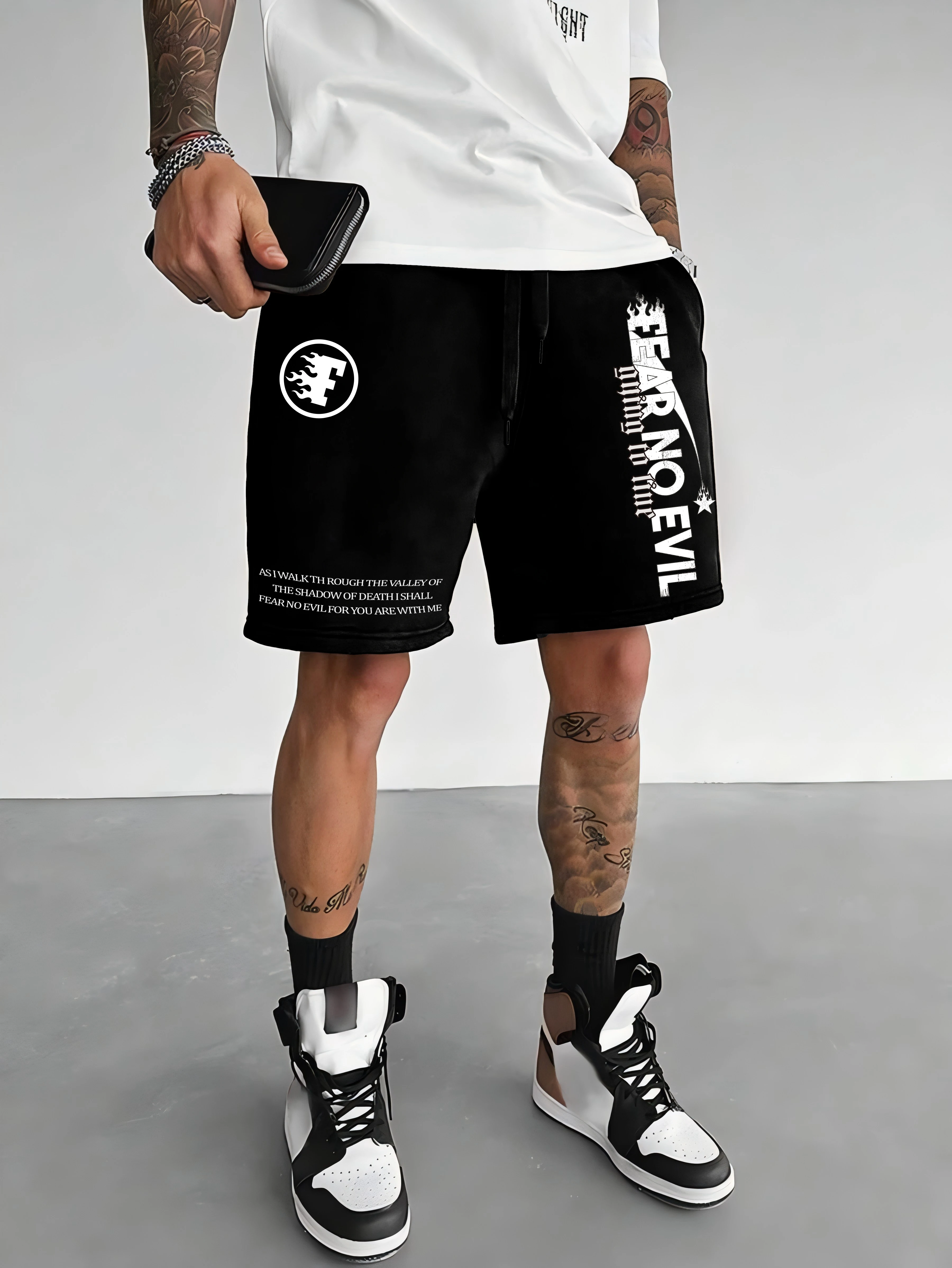 Men's Oversized Christian Streetwear Shorts Brand Fear No Evil Bible Verse Flame Logo Graphic Print Loose Fit Cotton Blend Casua