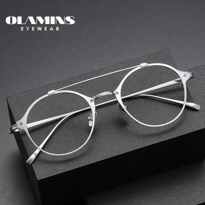 OLAMINS​ Retro Optical Eyeglasses Women Men Titanium Material Round Double Bridge Lightweight Spectacle Frame KJ-30