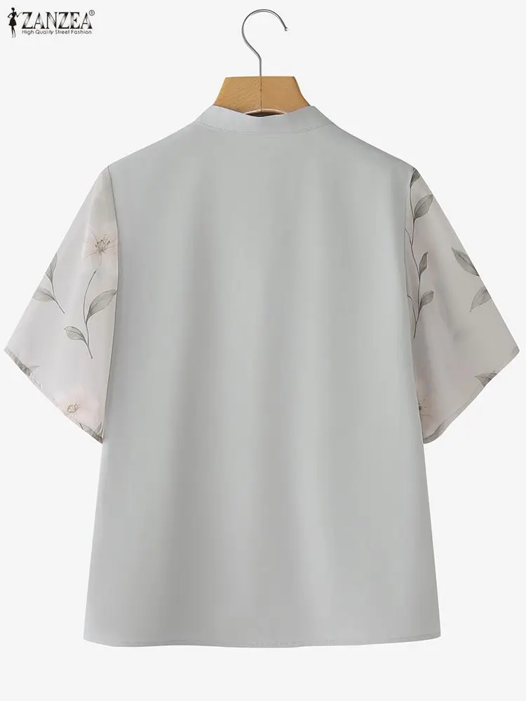 ZANZEA-Blusas elegantes para mujer, camisas de manga corta con cuello levantado y retales de gasa Floral a la moda, ropa para mujer S-3XL 2026