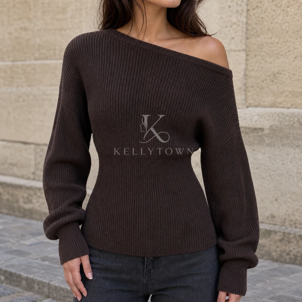 Street Chic Off Shoulder Sweater Asymmetrical Neck Knit Pullover Tops Slim Long Sleeve Jumpers 2026 Autumn Winter Knitwear Top