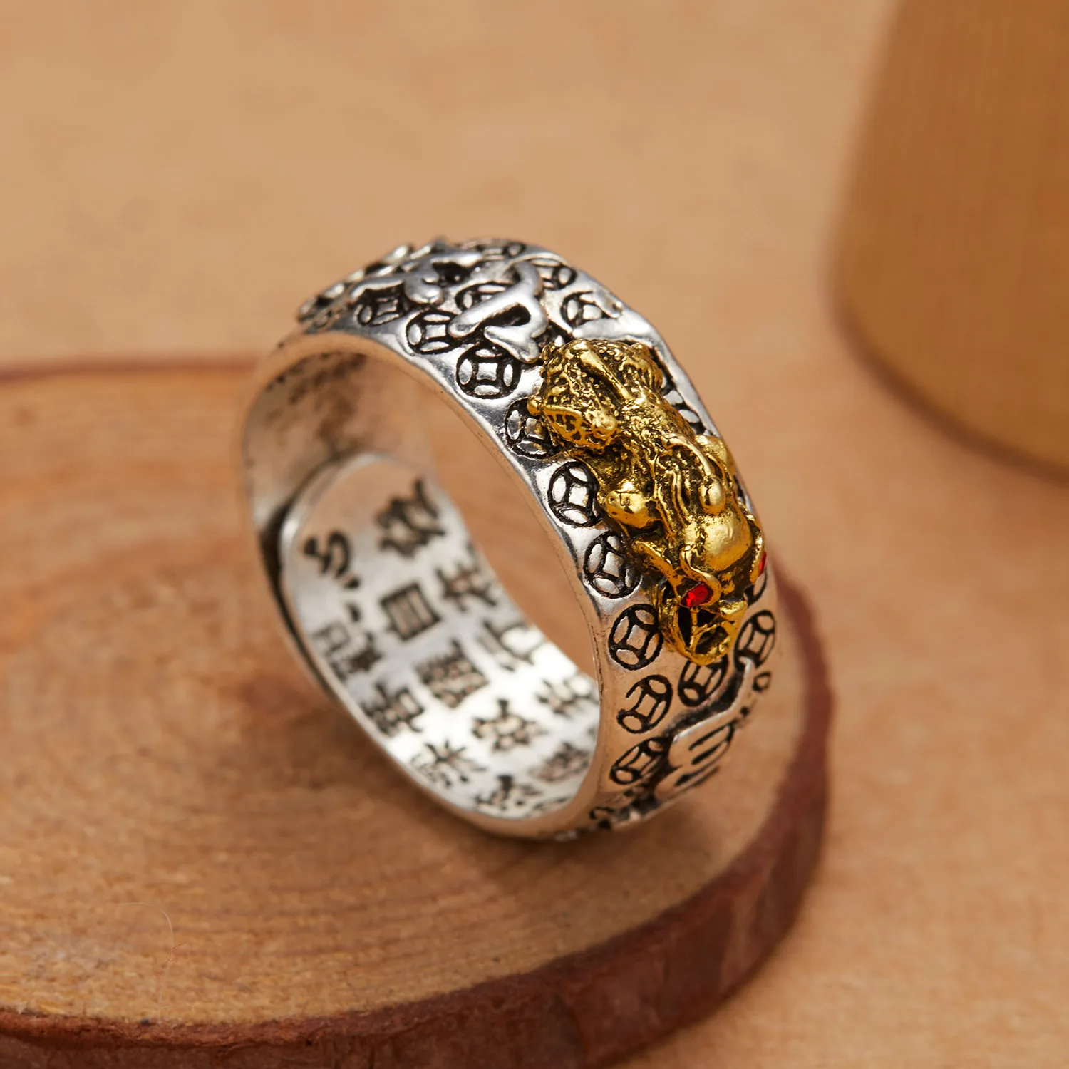 2Pcs/Set Chinese Feng Shui Brass Pixiu Rings For Men Amulet Vintage Copper Coin Adjustable Unisex Ring Bring Wealth Luck Jewelry - view 4