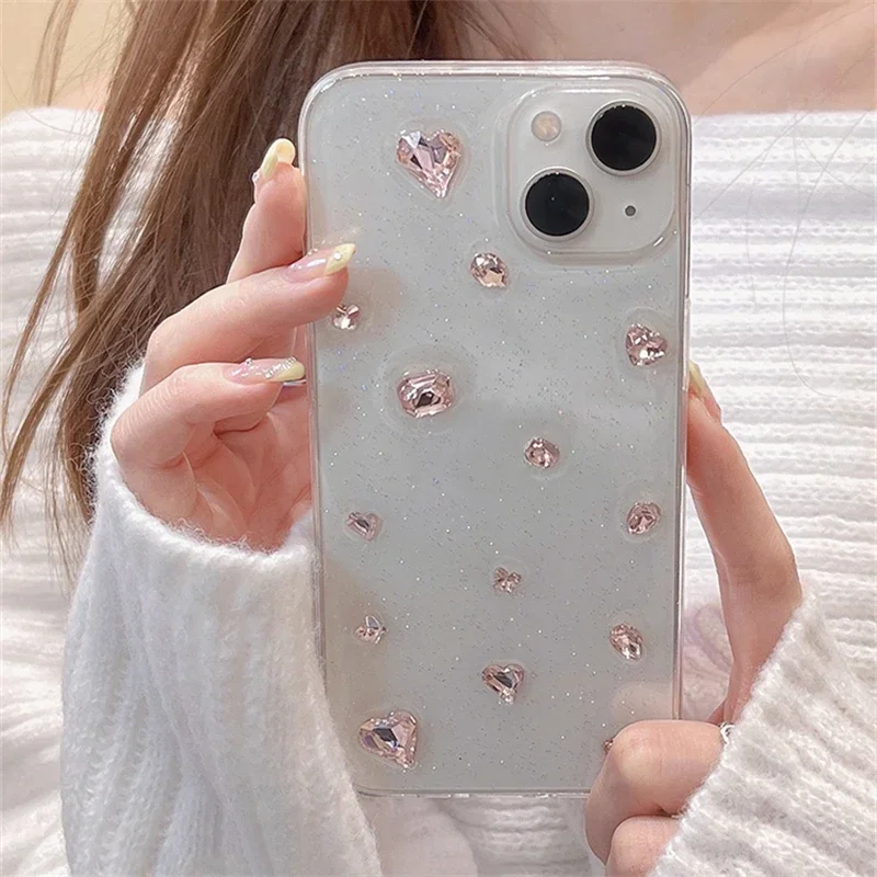 

3D Glitter Pink Diamond Epoxy Phone Case For iPhone 15 14 13 16 12 11 Pro Max Plus XS Max Clear Silicone Cover Funda