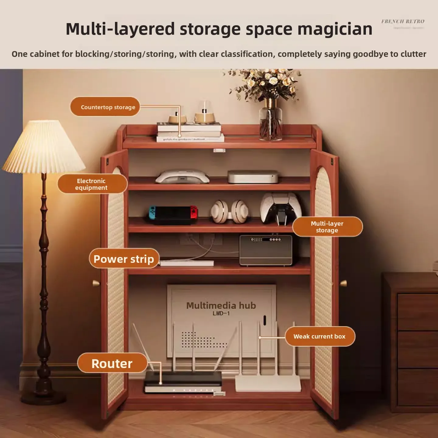 Vintage style living room storage cabinet, entrance cabinet, wicker mesh door cabinet, router multimedia storage cabinet