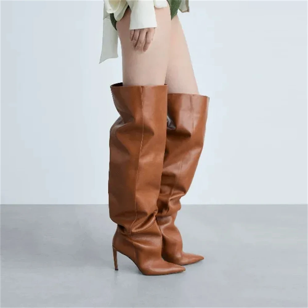 

Women's Cognac Slouchy Ruched over the Knee Boots, Pointed Toe Stiletto Heel Tall Boots with Soft Texture for Evening Party Wear