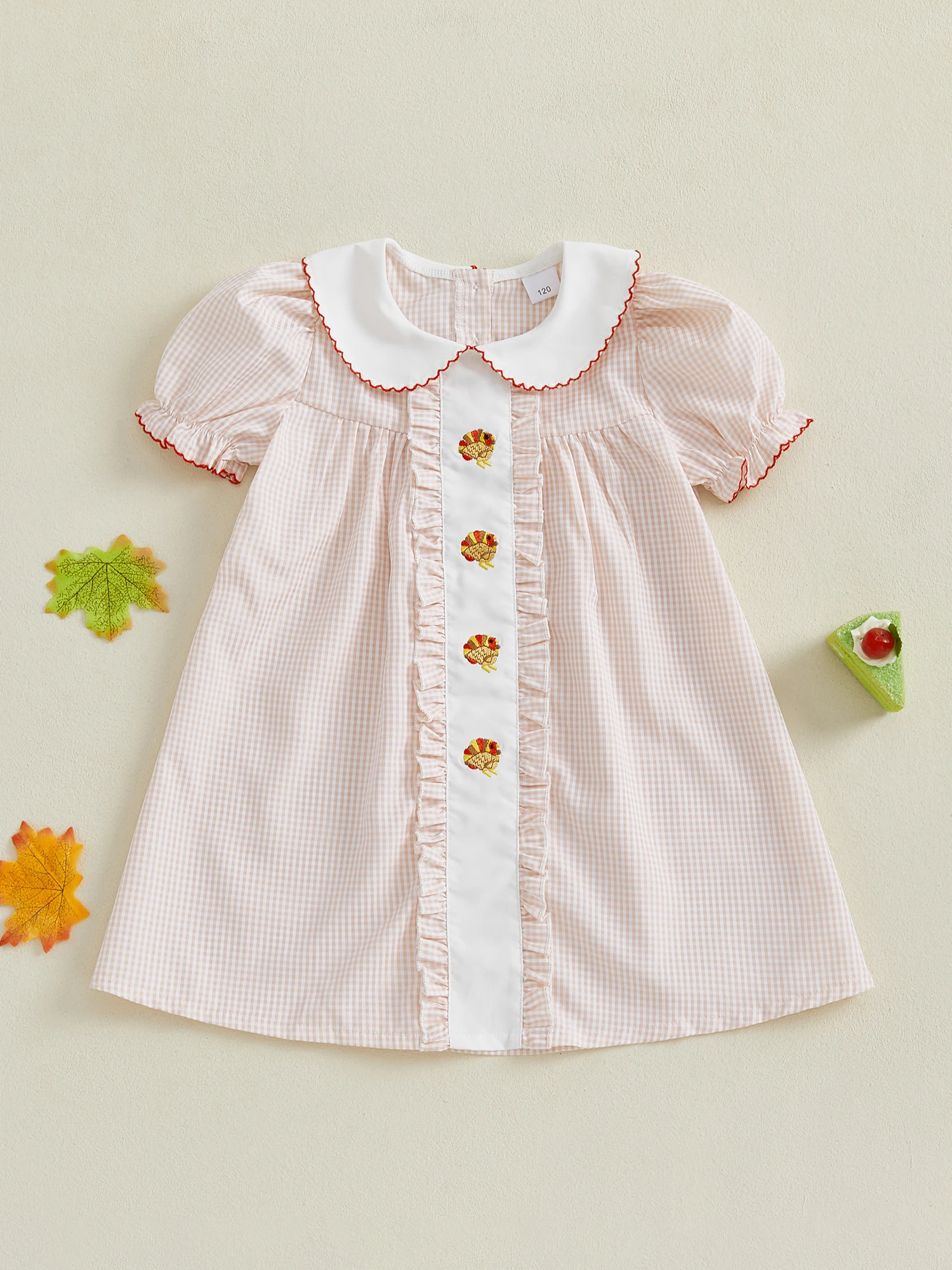 

Платье трапециевидной формы с короткими рукавами для маленьких девочек на День Благодарения, кукольным воротником и турецкой вышивкой из полосатой ткани