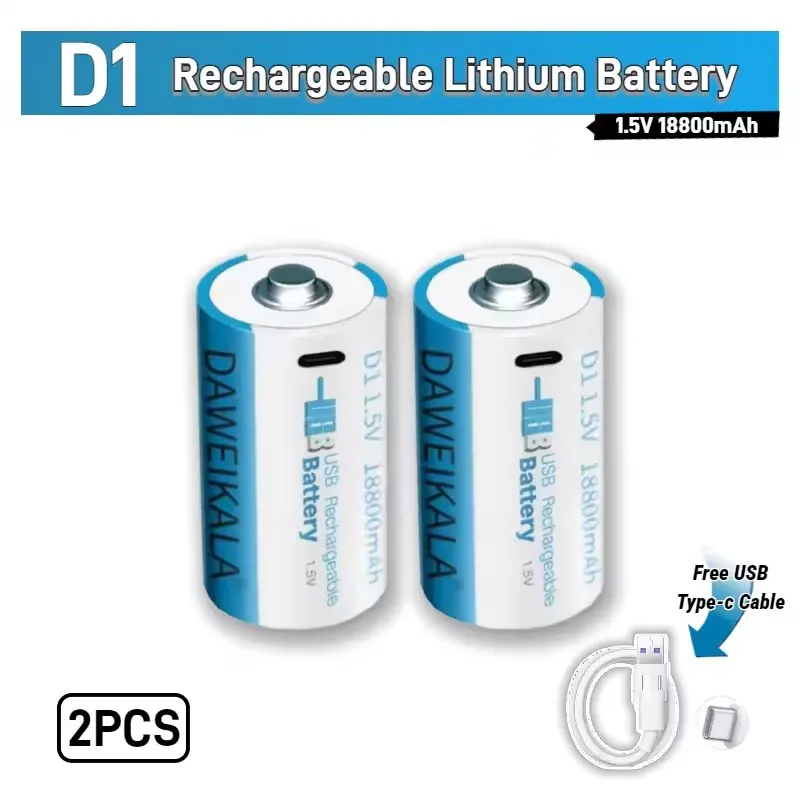 

1.5V D1 LR20 Lithium Polymer Battery 18800mWh with Type-C Port, Quickly Rechargeable High Power for Flashlights Toys Radios