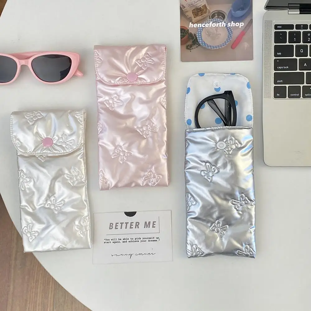INS Style Bow Embossed Pencil Case Student Stationery Storage Bag Pencil Bag Portable Sunglasses Storage Bag Pouch With Button
